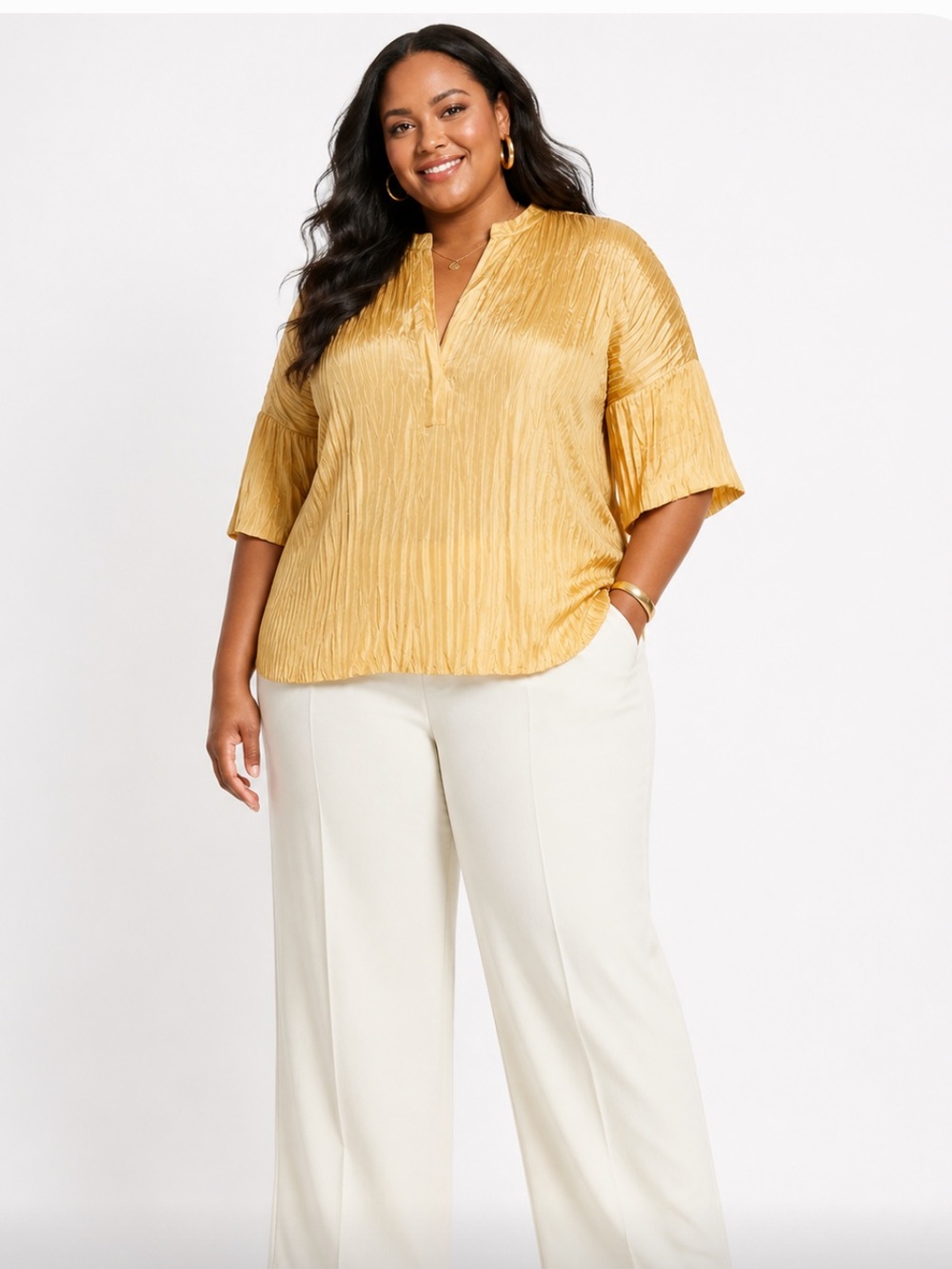 Vince SILK Yellow Pleated Blouse with Mandarin Collar